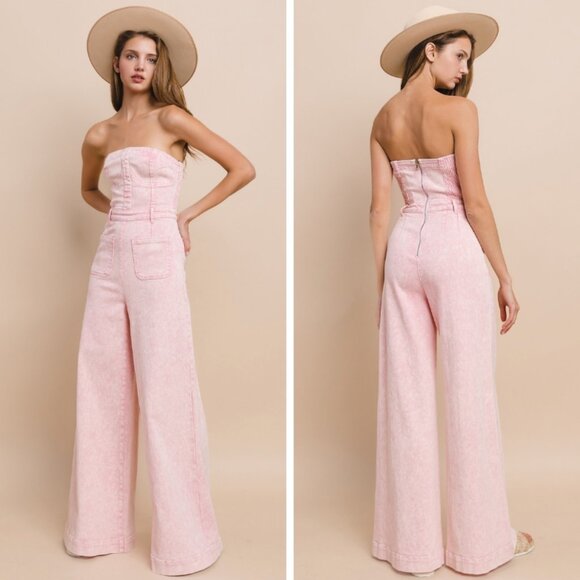 ROSE PINK STRAPLESS MINERAL WASH WIDE LEG DENIM JUMPSUIT π€  - Picture 2 of 6